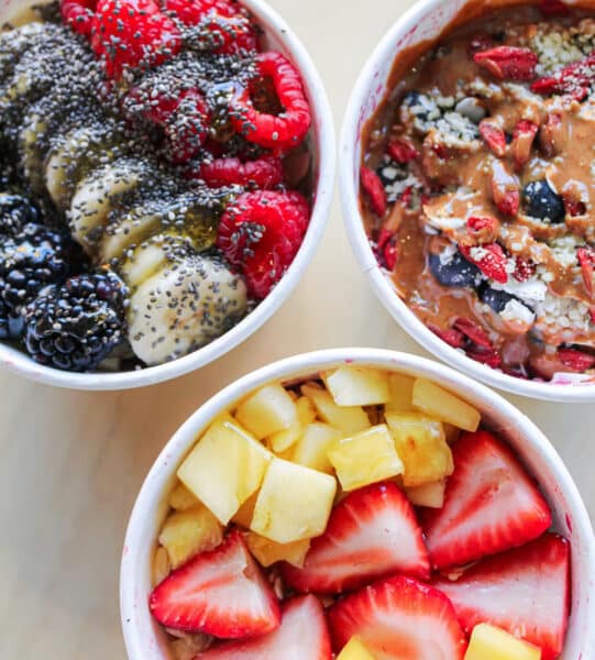 Colorful acai bowls from Farm Bowl + Juice Co., founded by Andrea Snyder, guest on Truitt News Radio airing August 9, 2025.