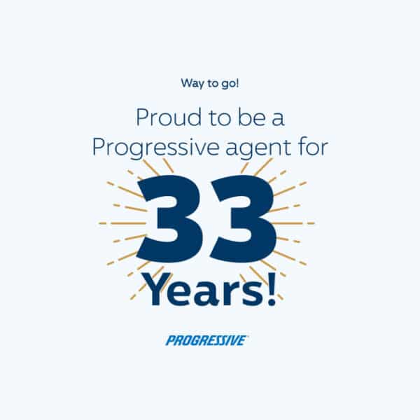 Graphic celebrating Truitt Insurance & Bonding’s 33-year partnership as a Progressive Insurance agent.